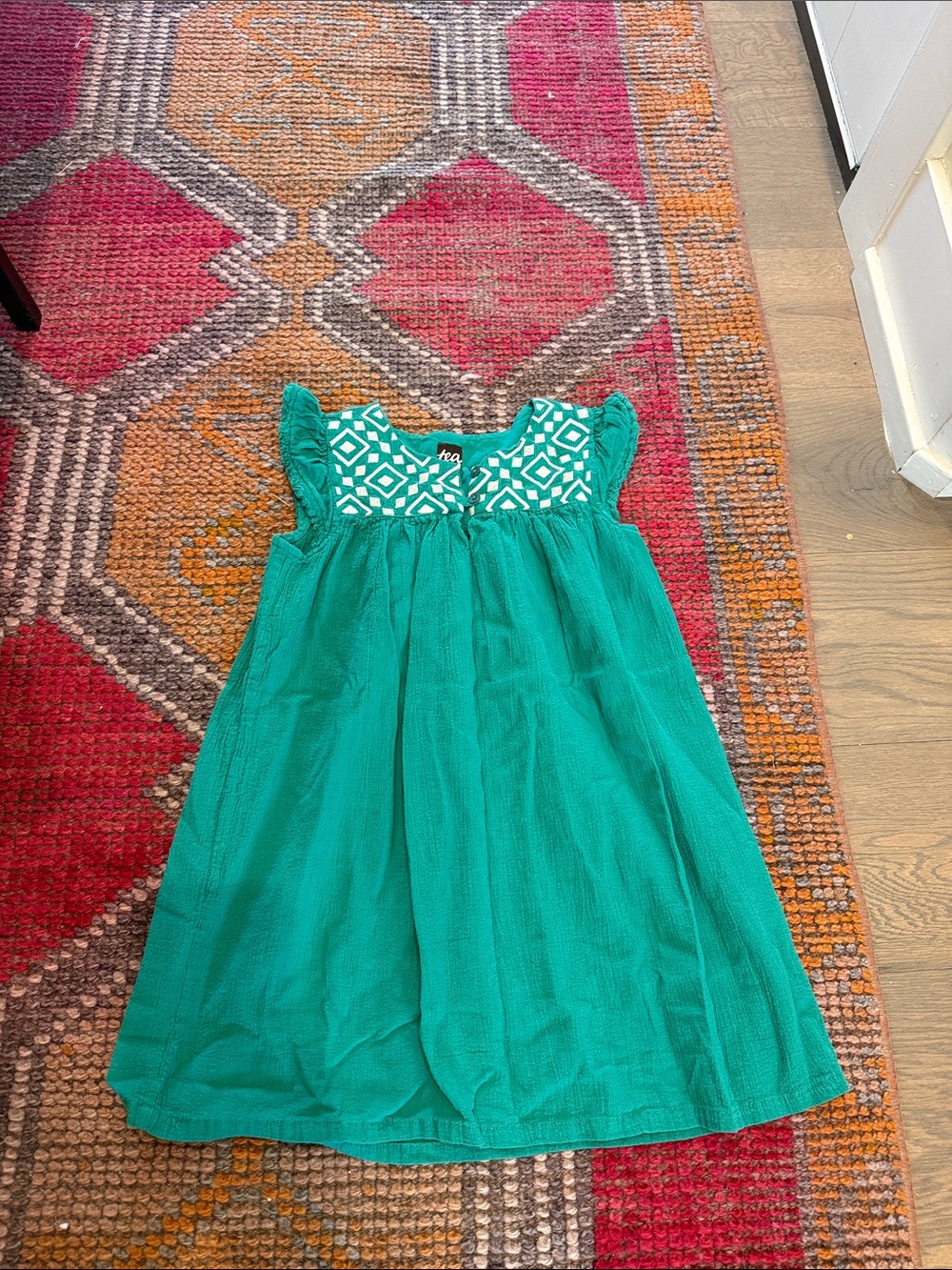 Tea Collection Teal Embroidered Yoke Flutter Sleeve Dress
